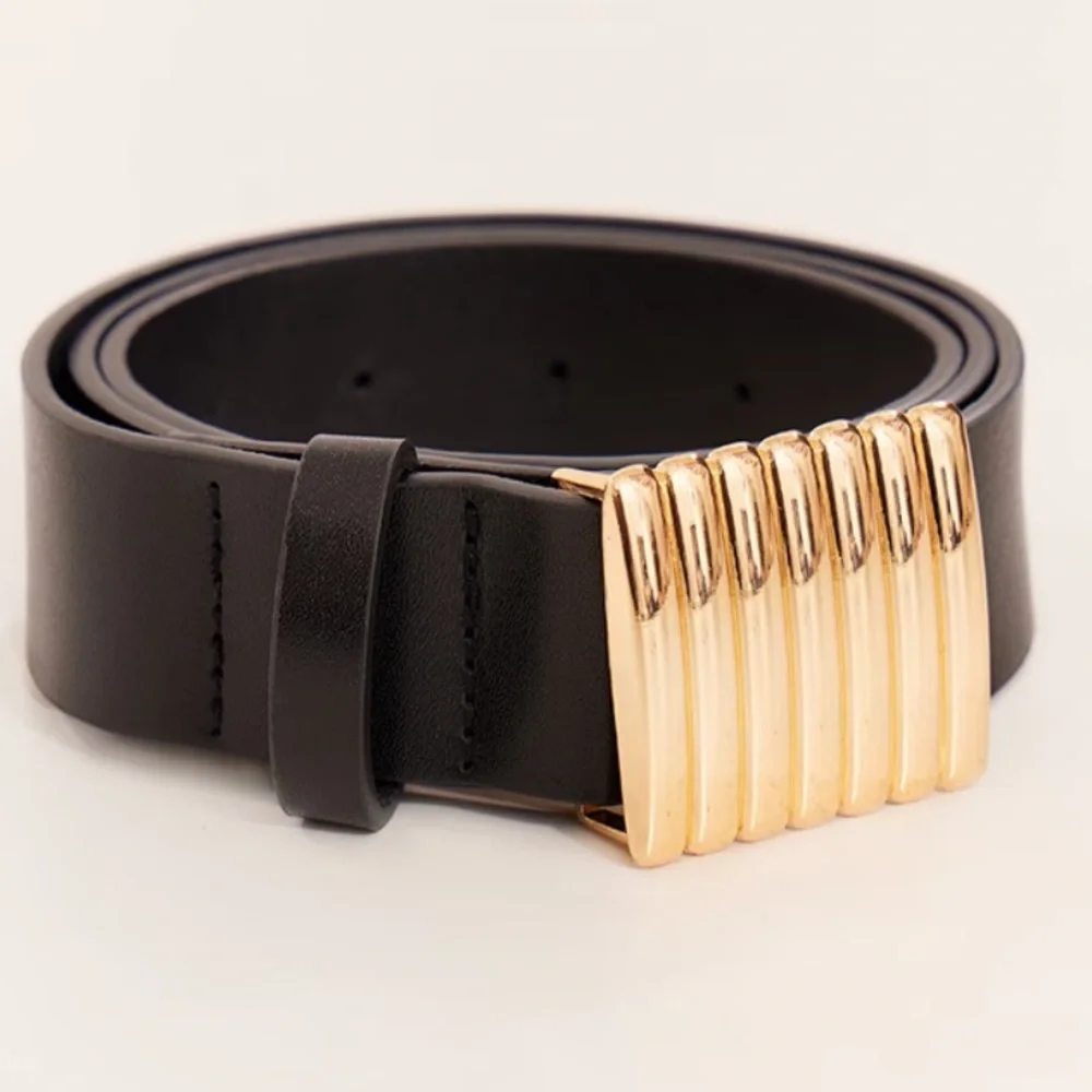 Black Leather Belt with Gold Accent Buckle